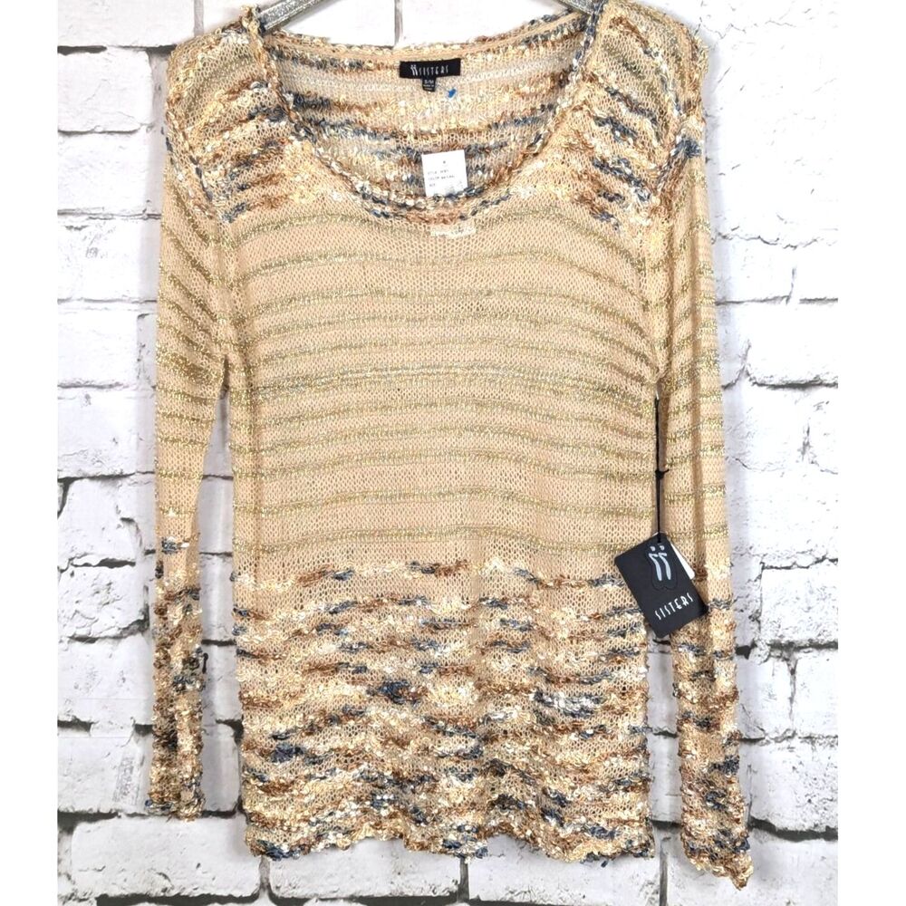 SISTERS Boho Ribbon-Knit Spaghetti Yarn Artsy Tunic Sweater Stretch Sz S/M NWT